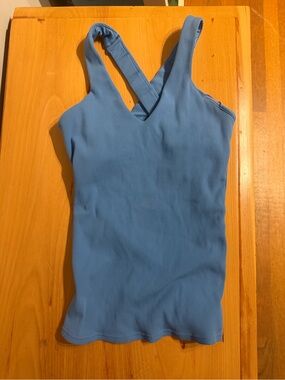 ALO Yoga Sky Blue Ribbed V-Neck Cross-Back Tank